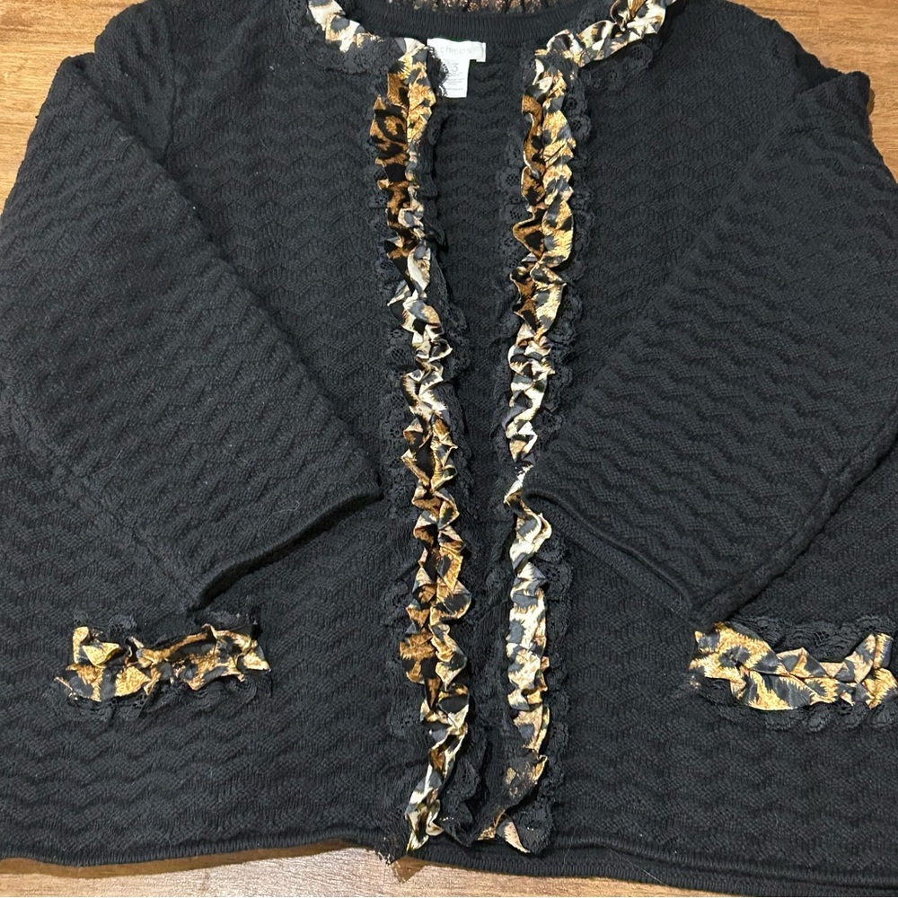 Chico's Black Cardigan with Lace and Animal  Print Trim Size 3